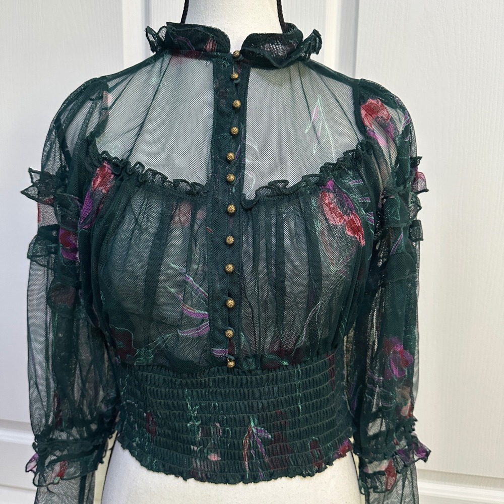 Free People Green Floral Sheer Mesh Smocked Blouse S Whimsigoth Victorian Fairy